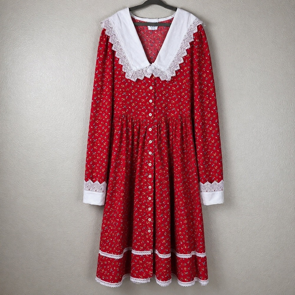 Vintage 70s Prairie‎ Dress Red Floral Lace Trim Youth 14 Cottagecore Made USA
